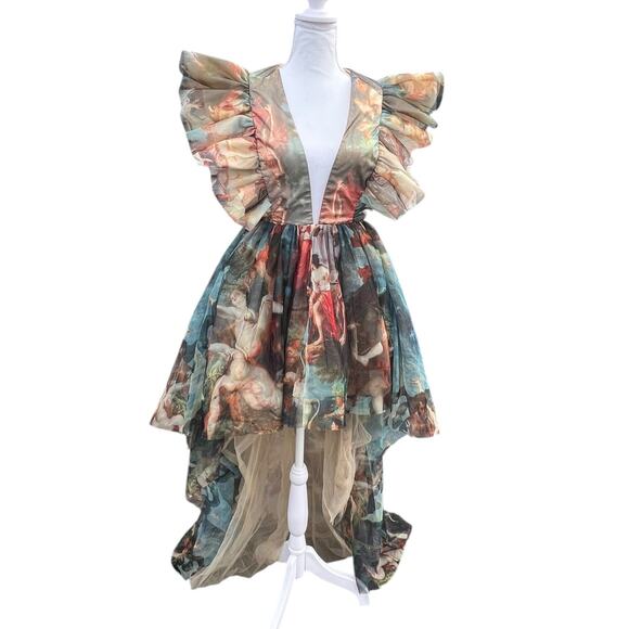 Akira Romantic Chiffon Ruffles Renaissance Oil Painting Art Hi Low Party Dress S - Picture 3 of 16